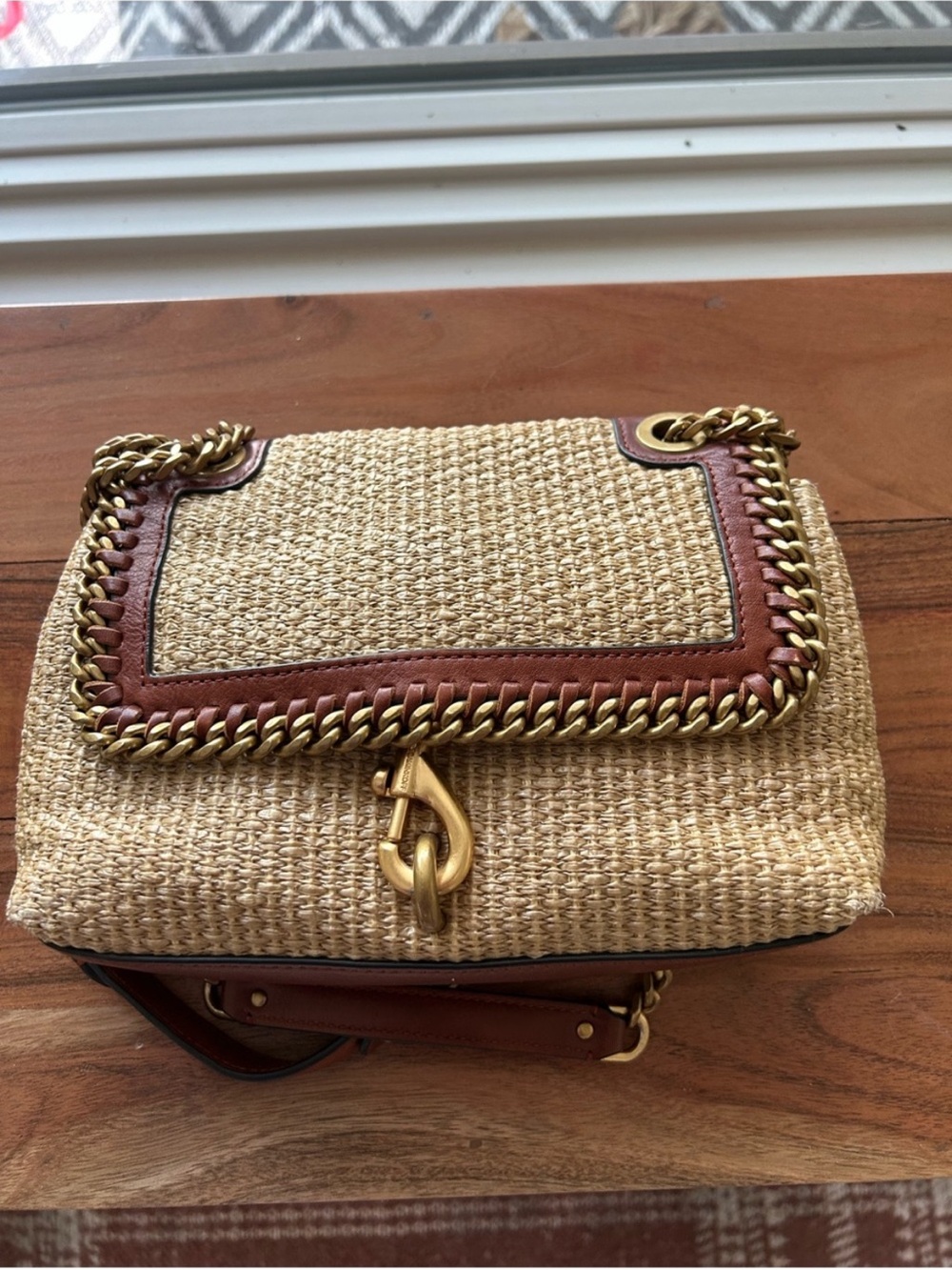 Rebecca Minkoff Edie Natural Straw Chain Crossbody Shoulder Bag